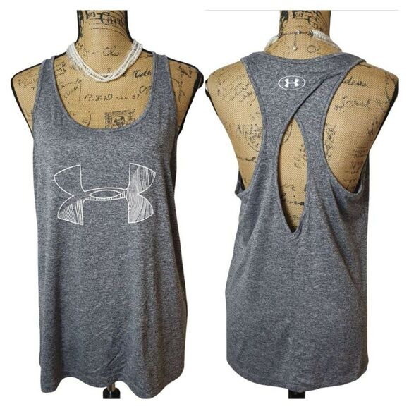 Under Armour Womens Racerback Tank LG Gray Heathered HeatGear Keyhole Loose Fit - Picture 7 of 7